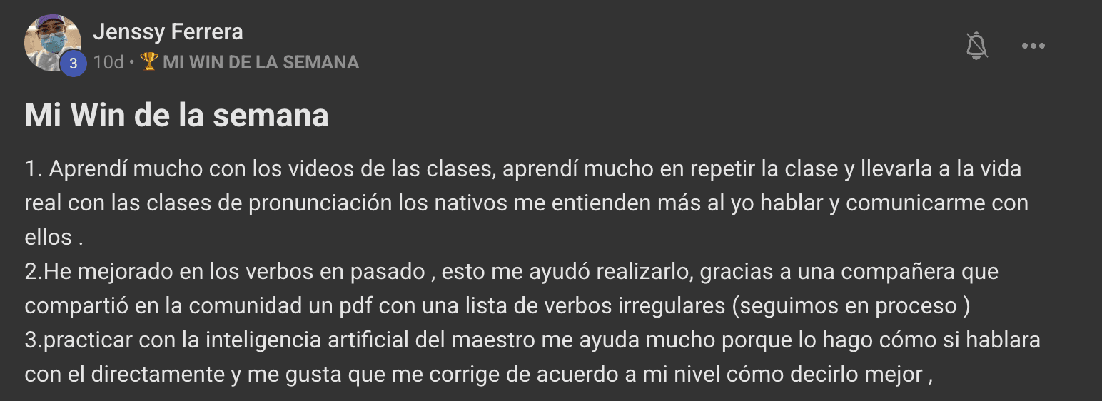 Post de Jenssy Ferrera en Skool: "Practicar con la inteligencia artificial del maestro me ayuda mucho porque lo hago como si hablara con él directamente, y me gusta que me corrige de acuerdo a mi nivel cómo decirlo mejor."